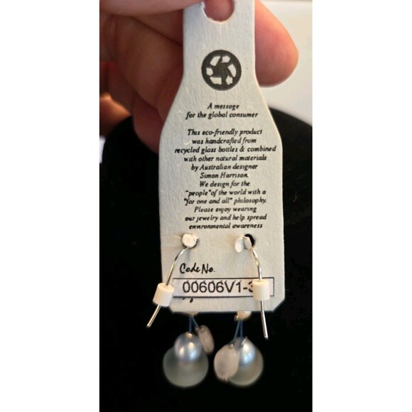Simon Harrison Blue, White & Silvertone Earrings Made From Recycled Glass NWT - Picture 5 of 7